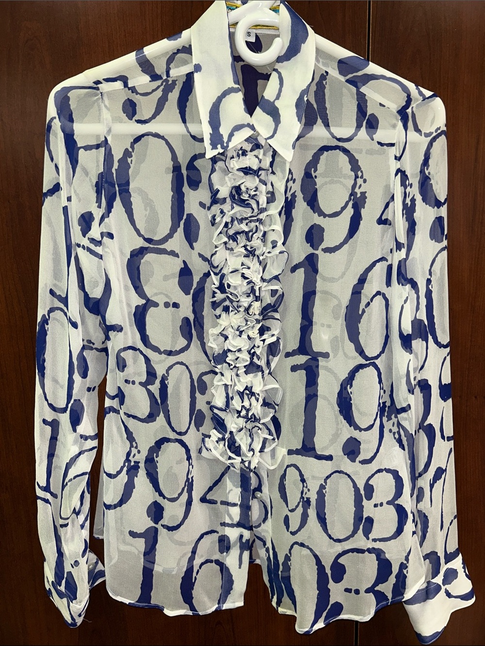 RARE!! LIBERTINE sz XS/S Sheer White and Navy Printed Ruffle Front blouse